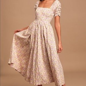 Free People Cream Floral Puff Sleeve Midi Dress